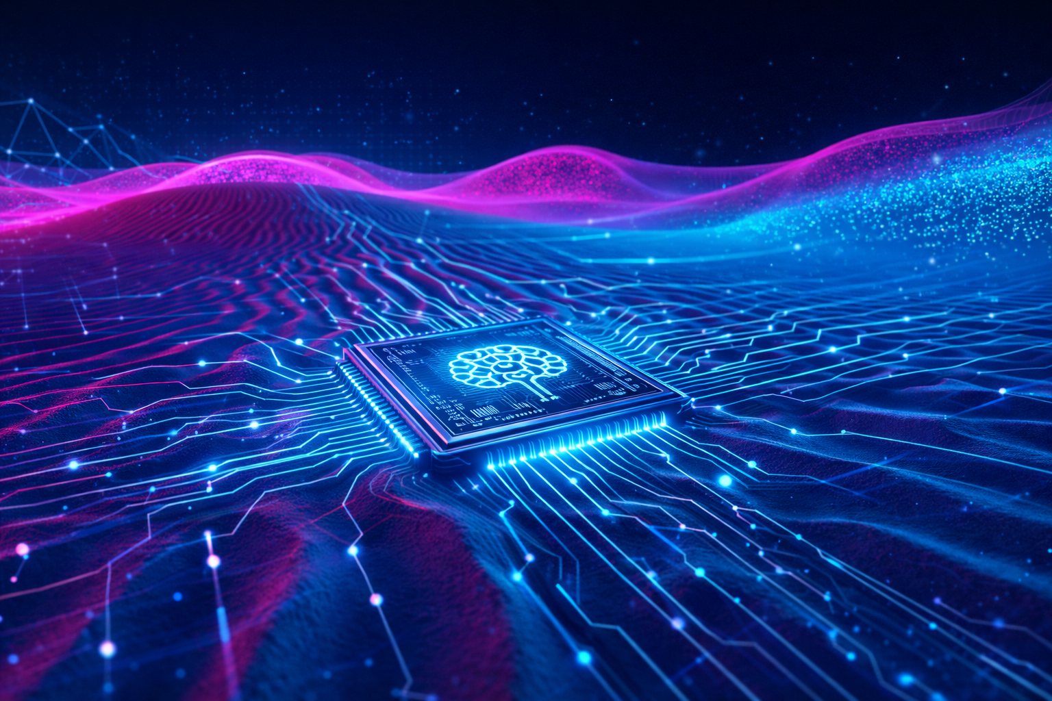 Futuristic microchip in glowing terrain