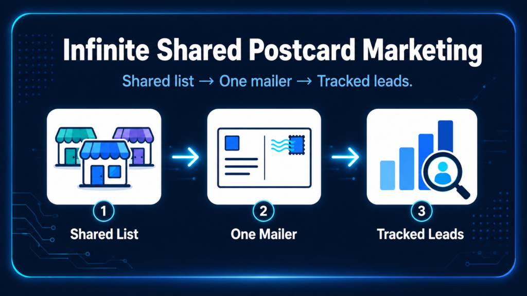 Infinite shared postcard marketing flow for Virginia Beach businesses: shared mailing list, one postcard, tracked leads per business