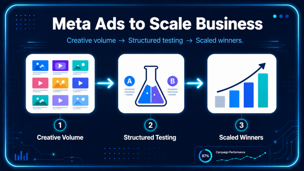 Meta ads operating model flow for Virginia Beach businesses: creative volume, structured testing, scaled winners