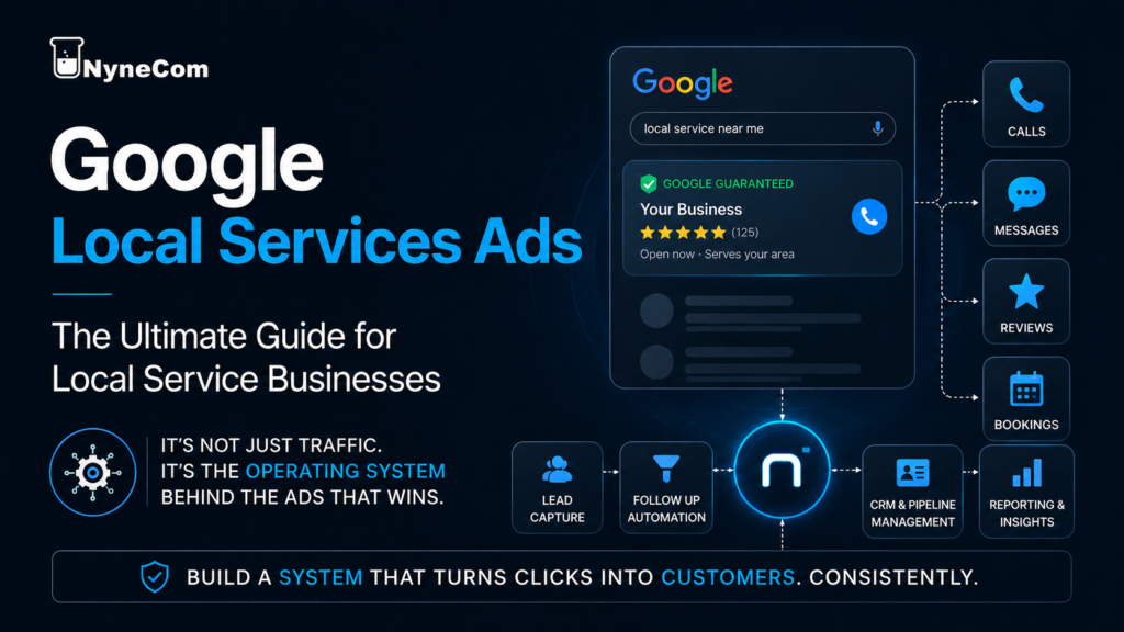 Google Local Services Ads guide for local service businesses showing calls, messages, reviews, bookings, CRM follow-up, and reporting