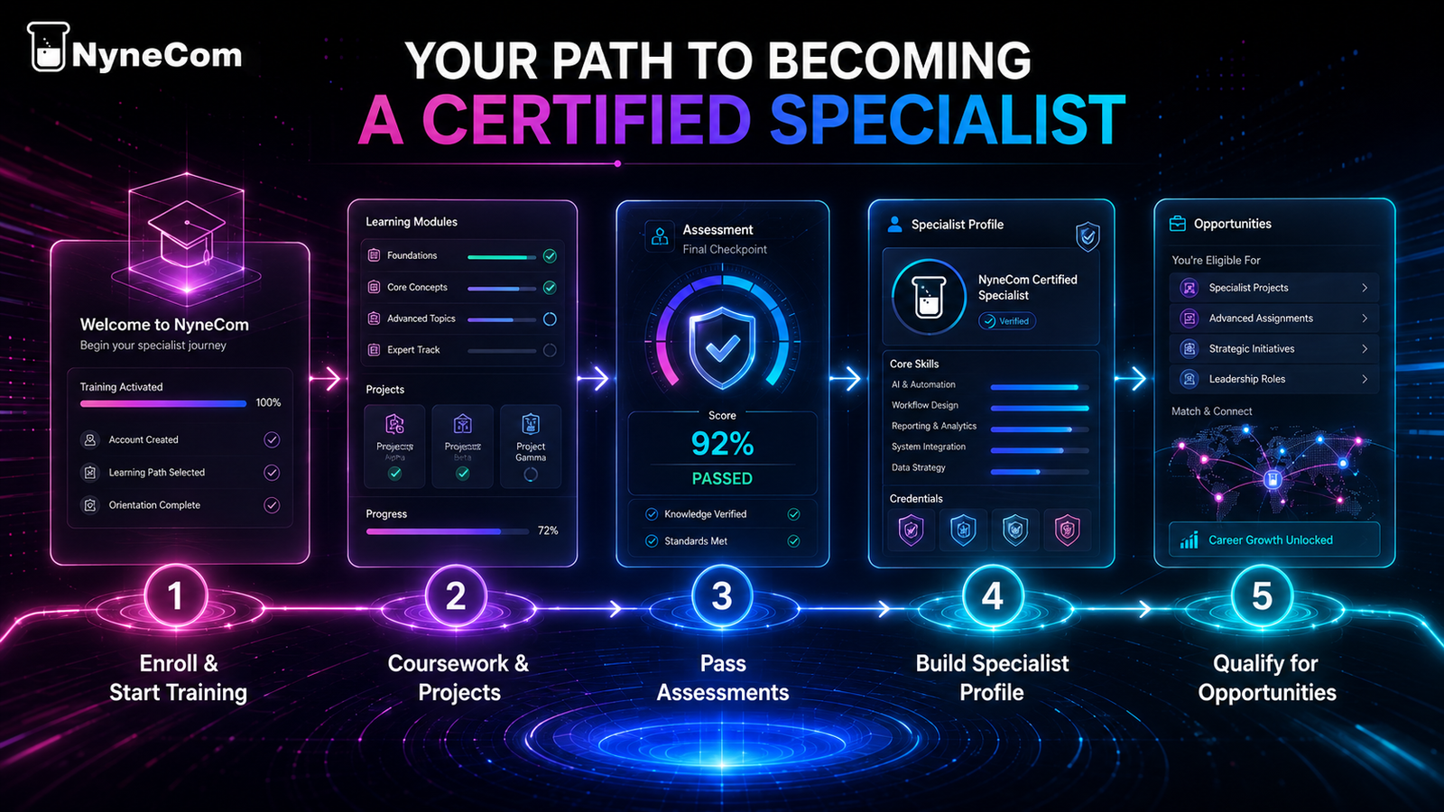 NyneCom path to becoming a qualified Specialist through training, practical projects, assessments, profile development, and approved opportunities